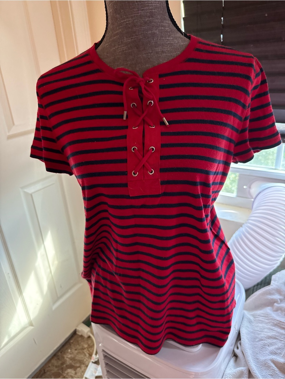 Chaps Red & Black Striped Lace-Up Short Sleeve Top